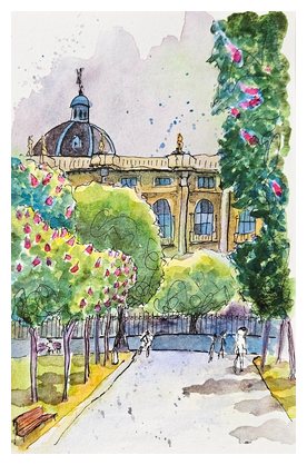 Ink and watercolor sketch of a domed building behind flowering trees