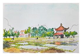 Ink and watercolor sketch of a pagoda beside rice paddies