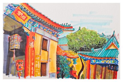 Marker sketch of colorful temple rooftops and a hanging lantern