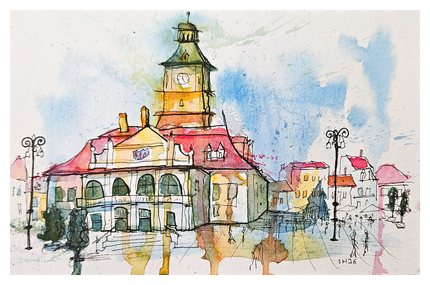 Ink and watercolor sketch of a town hall with a clock tower in a square